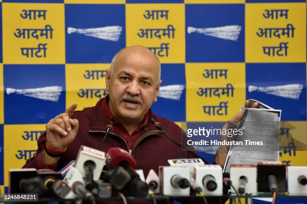 Delhi Deputy Chief Minister Manish Sisodia addressing a press conference at Aam Aadmi Party office after MCD mayor election called off for the third...