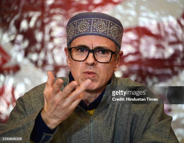 Former Chief Minister of Jammu and Kashmir and National Conference vice-president Omar Abdullah speaks during a press conference on February 6, 2023...