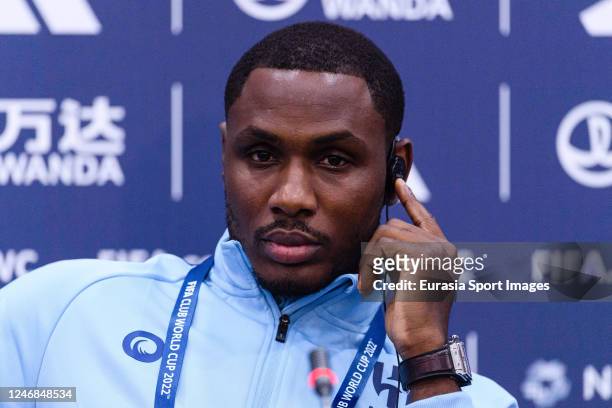 Odion Ighalo of Al Hilal talks during the Press Conference prior the match between CR Flamengo and Al Hilal SFC on February 6, 2023 in Tangier,...