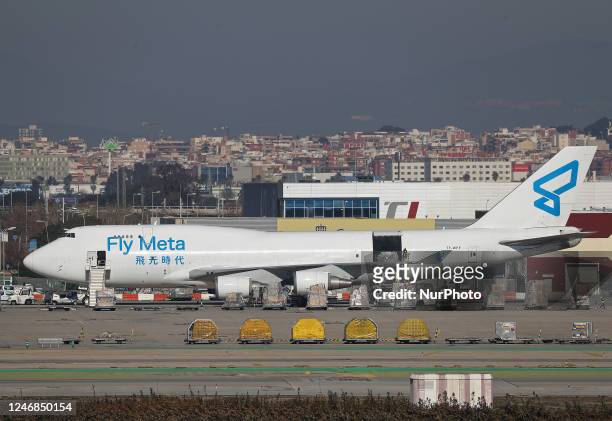 Boeing 747-446, from Fly Meta company, based in Hong Kong, landing at Barcelona airport, in Barcelona on 02th January 2023.