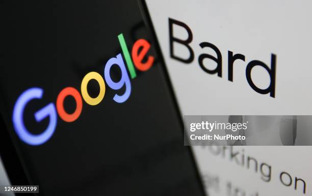 Google logo displayed on a phone screen and Bard sign on Google website displayed on a screen are seen in this illustration photo taken in Krakow,...