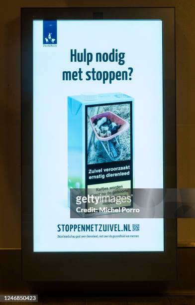Poster saying 'Dairy causes severe animal suffering', the message of this Stop With Dairy campaign poster at this train station, is seen after Dutch...