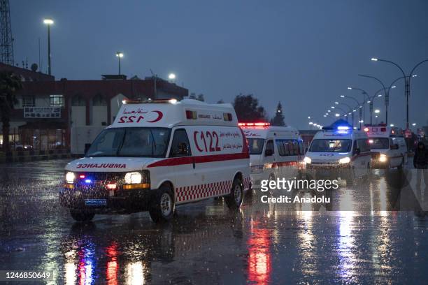 The Iraqi Kurdish Regional Government sent aid convoy for earthquake victims in Kahramanmaras province of Turkiye, on February 06, 2023 in Duhok,...