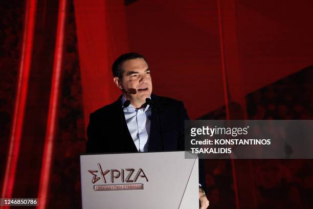 Greek opposition SYRIZA party leader Alexis Tsipras addresses supporters and party MPs during a pre-election rally in Thessaloniki, Greece on...