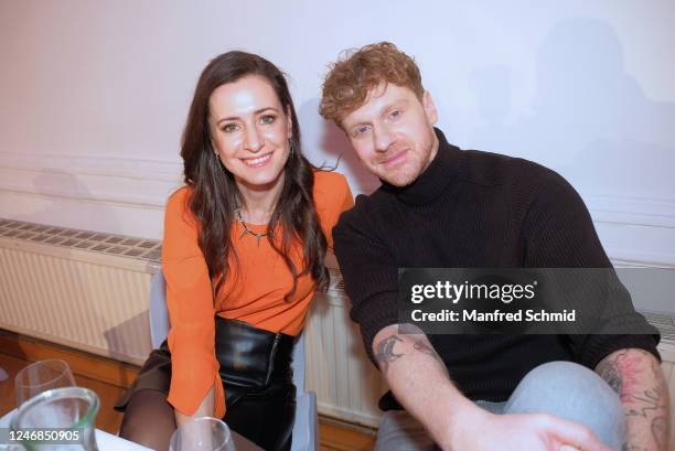 Lucas Fendrich and Lenka Pohoralek pose during the 'Dancing Stars' 2023 Kick off Event at Lorely Saal on February 6, 2023 in Vienna, Austria.