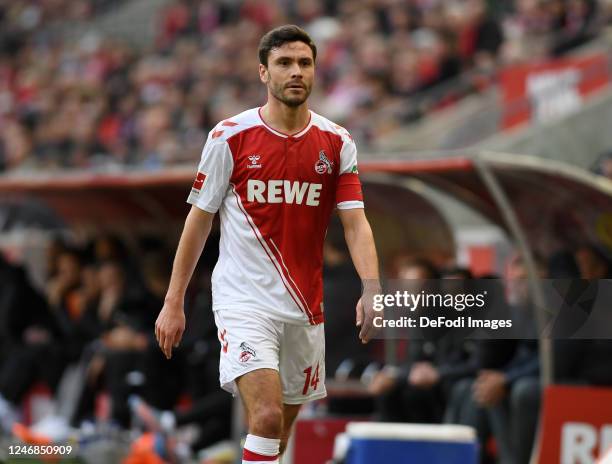 Jonas Hector of 1. FC Koeln looks on during the Bundesliga match between 1. FC Köln and RB Leipzig at RheinEnergieStadion on February 4, 2023 in...