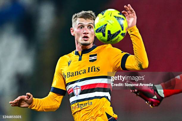 Michael Cuisance of Sampdoria is seen in action during the Serie A match between AC Monza and UC Sampdoria at Stadio Brianteo on February 6, 2023 in...