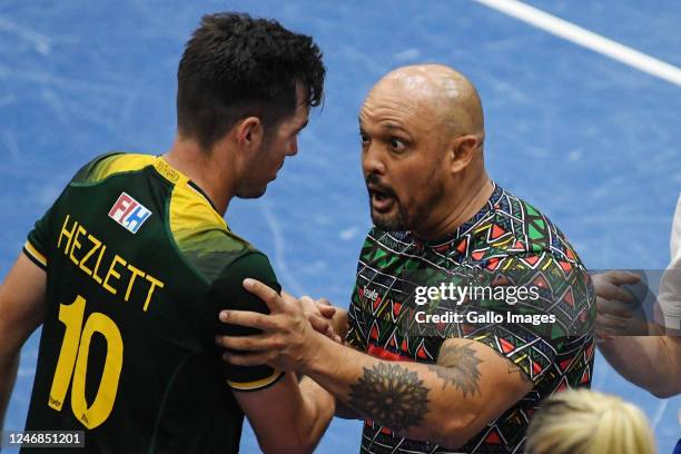South Africa head coach Justin Rosenberg greets Keegan Hezlett during the FIH Indoor Hockey World Cup, Men's pool B match between Czech Republic and...