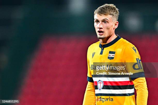 Michael Cuisance of Sampdoria looks on during the Serie A match between AC Monza and UC Sampdoria at Stadio Brianteo on February 6, 2023 in Monza,...