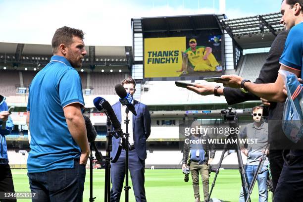 Australian cricket player Aaron Finch speaks during a press conference announcing his retirement from international cricket at the Melbourne Cricket...