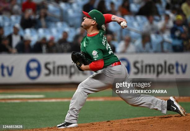 Mexico's Caneros de Los Mochis pitcher Luis Fernando Miranda throws the ball during their Caribbean Series game against Venezuela's Leones de Caracas...