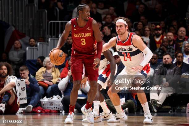 Caris LeVert of the Cleveland Cavaliers dribbles the ball during the game against the Washington Wizards on February 6, 2023 at Capital One Arena in...