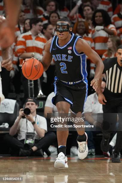 Duke Blue Devils guard Jaylen Blakes brings the ball don court during the game between the Duke Blue Devils and the Miami Hurricanes on Monday,...