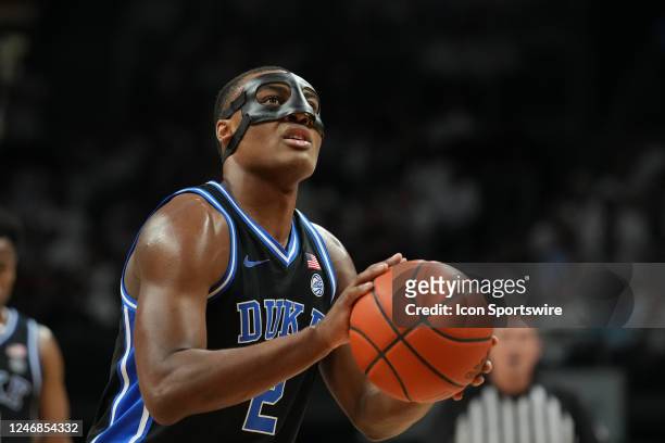 Duke Blue Devils guard Jaylen Blakes eyes the basket before a free throw attempt during the game between the Duke Blue Devils and the Miami...