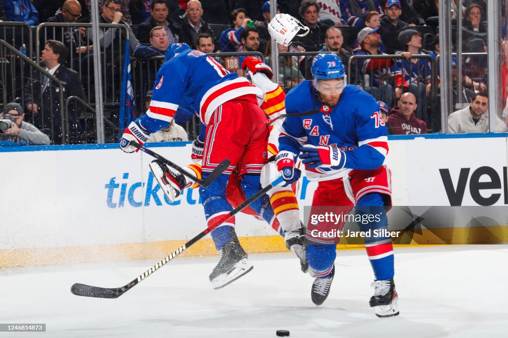 New York Rangers Ice Rink Jacob Trouba of the New York Rangers throws a big open ice hit... News ...