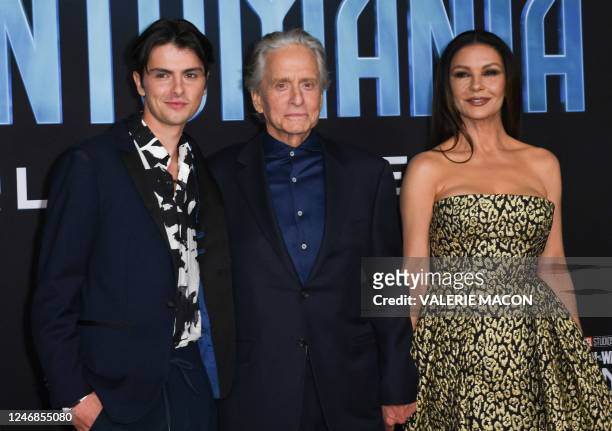 Welsh actress Catherine Zeta-Jones, her husband actor Michael Douglas and their son Dylan Michael Douglas arrive for the World Premiere of Marvels...