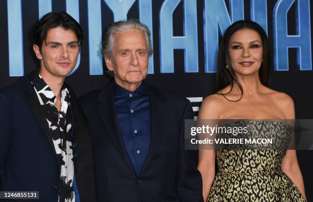 Welsh actress Catherine Zeta-Jones, her husband actor Michael Douglas and their son Dylan Michael Douglas arrive for the World Premiere of Marvels...