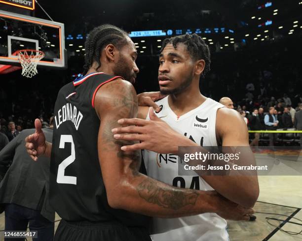 Kawhi Leonard of the LA Clippers and Cam Thomas of the Brooklyn Nets after the game on February 6, 2023 at Barclays Center in Brooklyn, New York....