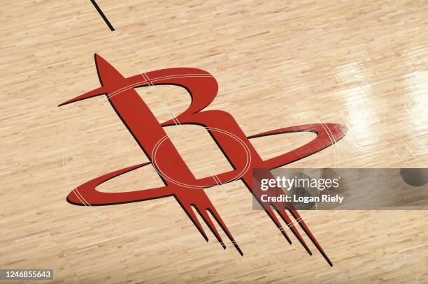 Houston Rockets center-court logo during the game against the Sacramento Kings on February 6, 2023 at the Toyota Center in Houston, Texas. NOTE TO...