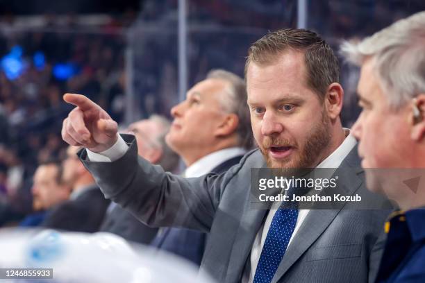 Assistant coach Steve Ott of the St. Louis Blues gives instructions during first period action against the Winnipeg Jets at Canada Life Centre on...
