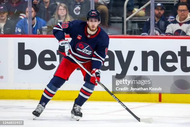 Pierre-Luc Dubois of the Winnipeg Jets skates during third period action against the St. Louis Blues at Canada Life Centre on January 30, 2023 in...