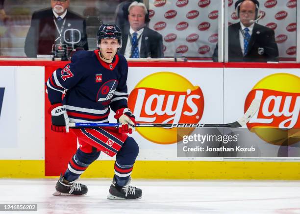Nikolaj Ehlers of the Winnipeg Jets skates during first period action against the St. Louis Blues at Canada Life Centre on January 30, 2023 in...