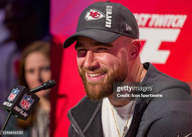 Kansas City Chiefs tight end Travis Kelce speaks to the media during the NFL Super Bowl LVII Opening Night on Monday, February 6th, 2023 at Footprint...