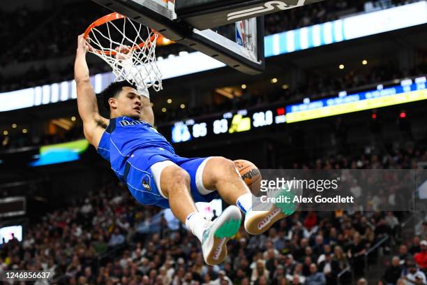 Josh Green of the Dallas Mavericks dunks during the second half of a game against the Utah Jazz at Vivint Arena on February 06, 2023 in Salt Lake...
