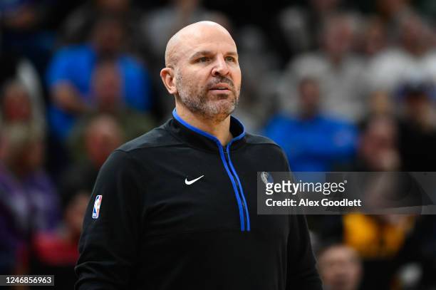 Dallas Mavericks head coach Jason Kidd looks on during the second half of a game against the Utah Jazz at Vivint Arena on February 06, 2023 in Salt...