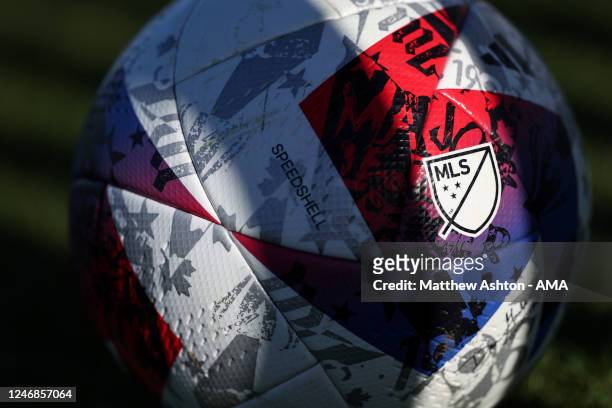 General detail view of the MLS logo on the Adidas White 2023 MLS Speedshell Pro Ball during the MLS Pre-Season 2023 Coachella Valley Invitational...