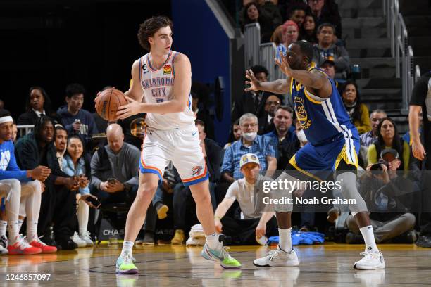 Josh Giddey of the Oklahoma City Thunder dribbles the ball during the game against the Golden State Warriors on February 6, 2023 at Chase Center in...