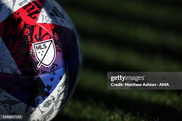 General detail view of the MLS logo on the Adidas White 2023 MLS Speedshell Pro Ball during the MLS Pre-Season 2023 Coachella Valley Invitational...
