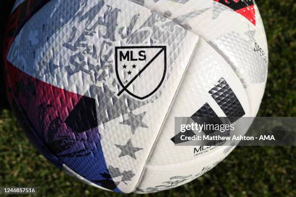 General detail view of the MLS logo on the Adidas White 2023 MLS Speedshell Pro Ball during the MLS Pre-Season 2023 Coachella Valley Invitational...