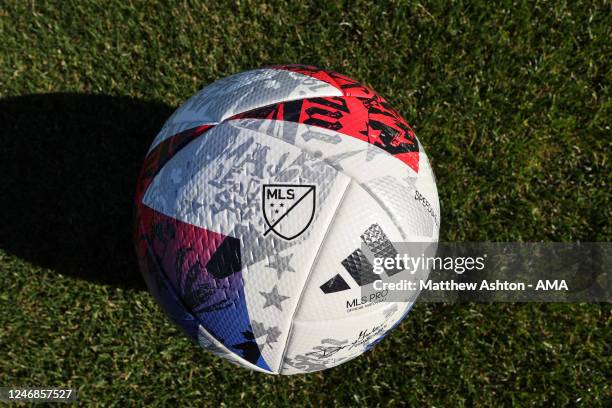 General detail view of the MLS logo on the Adidas White 2023 MLS Speedshell Pro Ball during the MLS Pre-Season 2023 Coachella Valley Invitational...