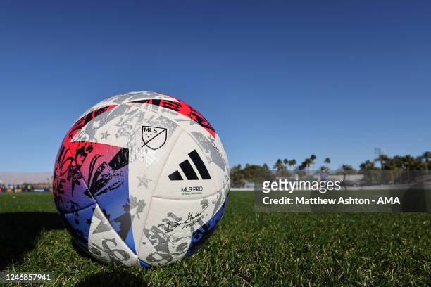 General detail view of the MLS logo on the Adidas White 2023 MLS Speedshell Pro Ball during the MLS Pre-Season 2023 Coachella Valley Invitational...