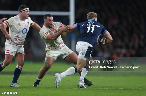 England's Ellis Genge and Scotland's Duhan van der Merwe during the Six Nations Rugby match between England and Scotland at Twickenham Stadium on...