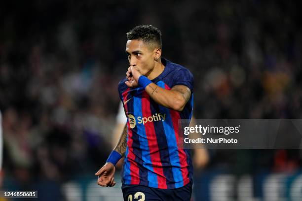 Raphinha right winger of Barcelona and Brazil celebrates after scoring his sides first goal during the LaLiga Santander match between FC Barcelona...