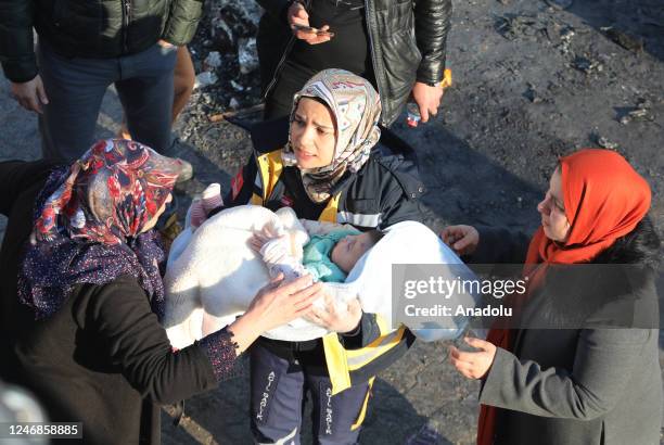 Baby Ayse Vera and her mother are rescued under the rubble of a collapsed building after 29 hours of 7.7 and 7.6 magnitude earthquakes hit Hatay,...