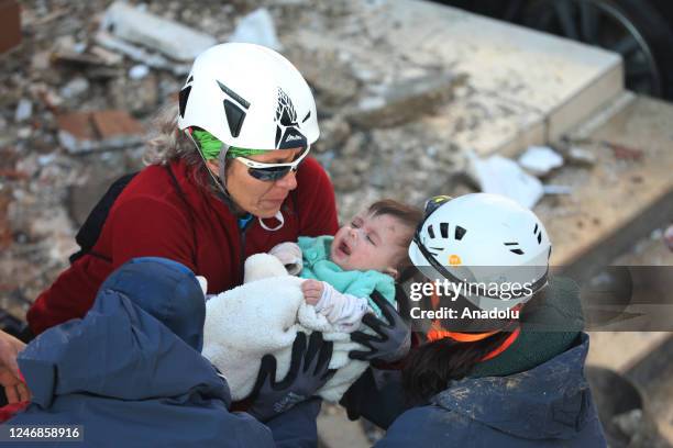 Baby Ayse Vera and her mother are rescued under the rubble of a collapsed building after 29 hours of 7.7 and 7.6 magnitude earthquakes hit Hatay,...