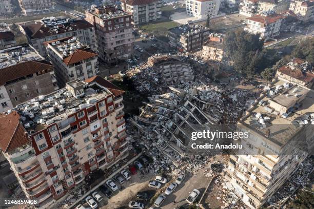 An aerial view of a collapsed building in Hatay after 7.7 and 7.6 magnitude earthquakes hit Kahramanmaras, Turkiye on February 7, 2023. Early Monday...