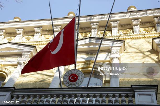 Turkish flag is seen at half-mast at Turkish Embassy in Zagreb, Croatia after the 7-day national mourning is declared in Turkiye due to the 7.7 and...