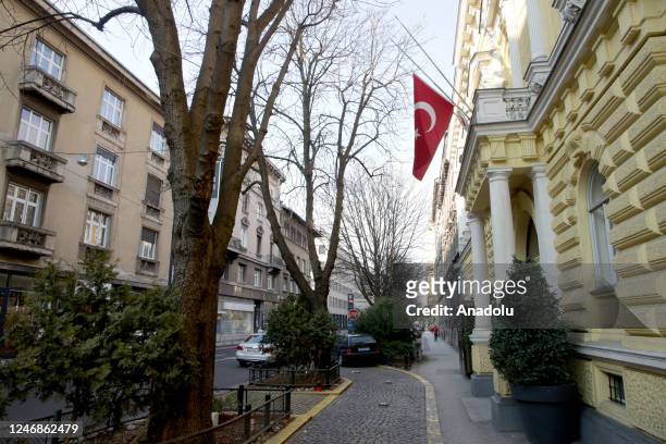 Turkish flag is seen at half-mast at Turkish Embassy in Zagreb, Croatia after the 7-day national mourning is declared in Turkiye due to the 7.7 and...