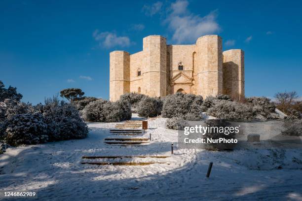 Castel del Monte covered in snow in Andria on February 7, 2023. This morning several cities in the Bari hinterland and in the Murgia area woke up...