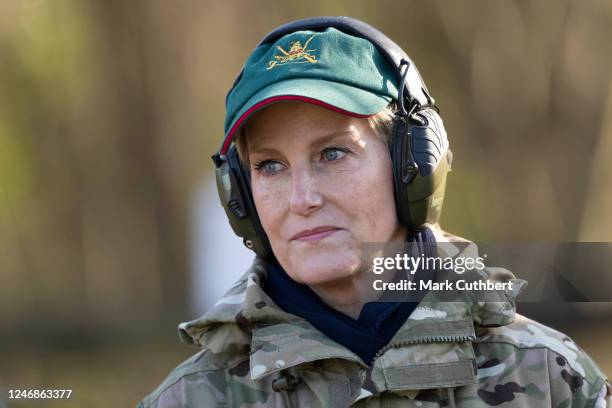 Sophie, Countess of Wessex takes part in Clay Pigeon shooting during the Countess of Wessex Cup at Gibraltar Barracks on February 7, 2023 in...