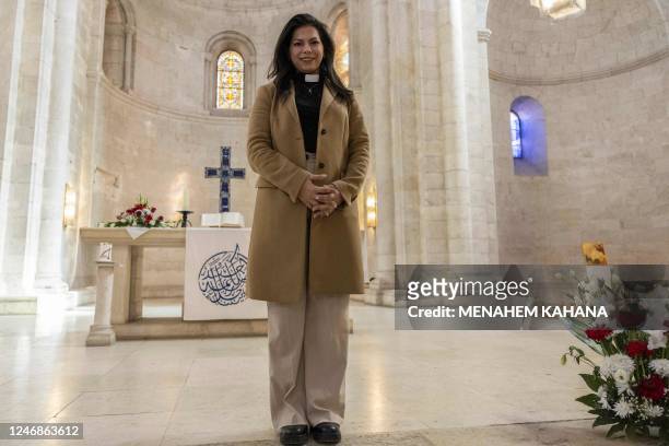 Sally Ibrahim Azar, first female pastor in the Holy Land of the Lutheran Church, poses for a picture at the Lutheran Church in the Jerusalem's Old...