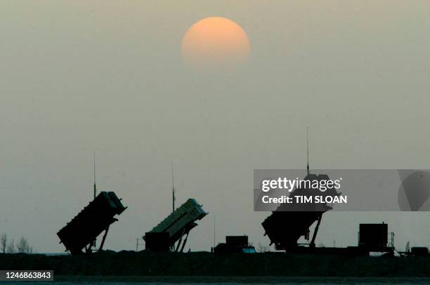 Patriot Missile batteries stand watch at a forward coalition air base 05 April, 2003 in the southeren Desert of Iraq. AFP PHOTO/Tim SLOAN