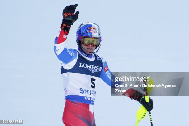 Alexis Pinturault of Team France celebrates during the FIS Alpine World Cup Championships Men's Alpine Combined on February 7, 2023 in Courchevel...