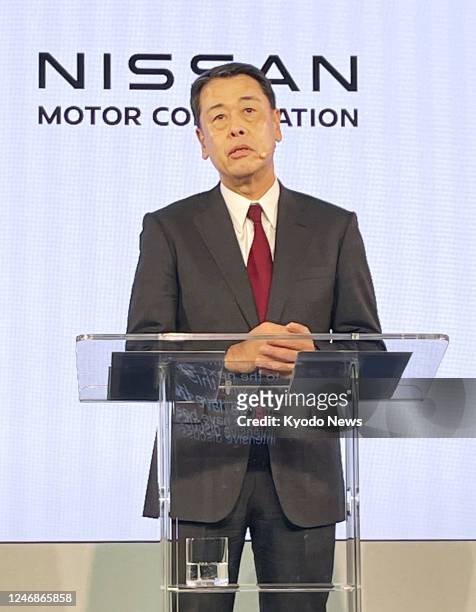 Nissan Motor CEO Makoto Uchida holds a press conference in London on Feb. 6 as the Japanese automaker and Renault formally agreed to make their...