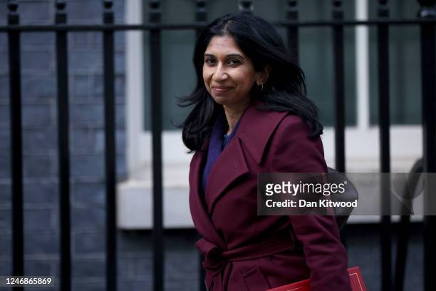 British Home Secretary Suella Braverman arrives to attend the weekly meeting at Number 10 in Downing Street on February 7, 2023 in London, England....