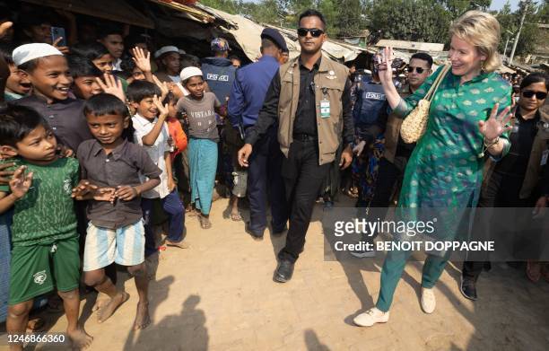 Queen Mathilde of Belgium pictured during a visit to the Kutupalong refugee camp giving shelter to people of the Rohingya minority in Cox's Bazar...